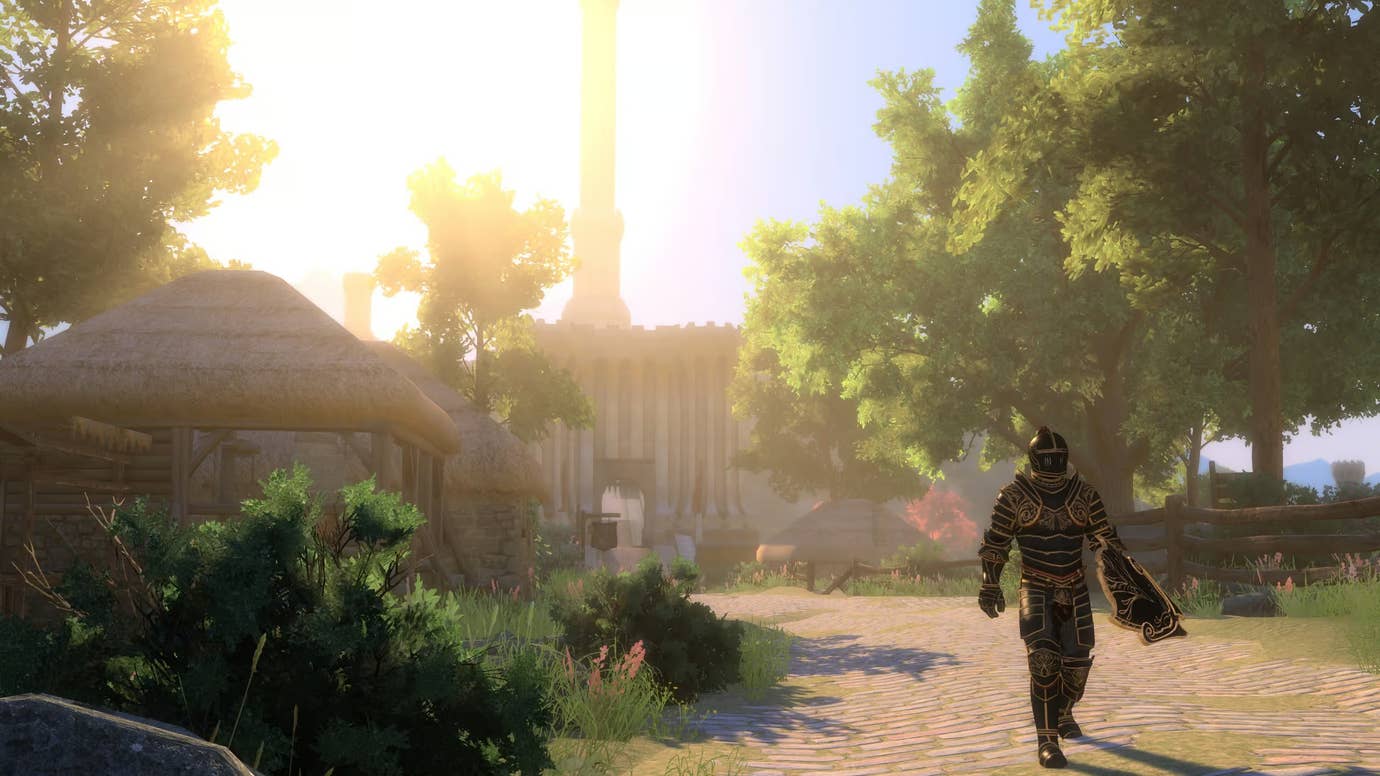 A warrior in ebony armour walking away from the Imperial City in Skyblivion.